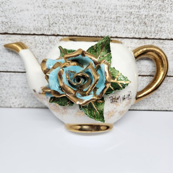 Hand Painted Mid Century Ceramic Teapot Wall Pocket, Blue Flower, Gold Accents - Picture 1 of 9